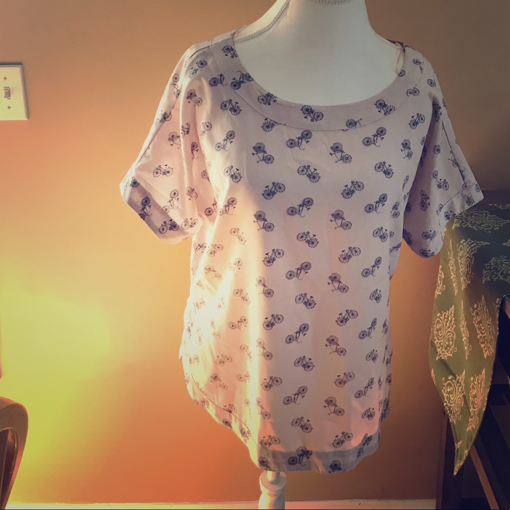 Everything Must Go! Pink bicycle patterned blouse